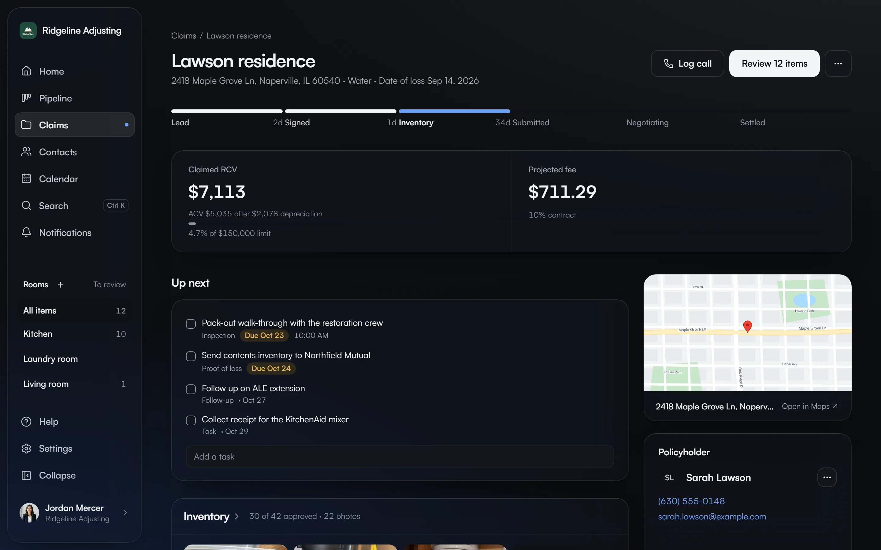 The claim overview with claimed RCV and the inventory