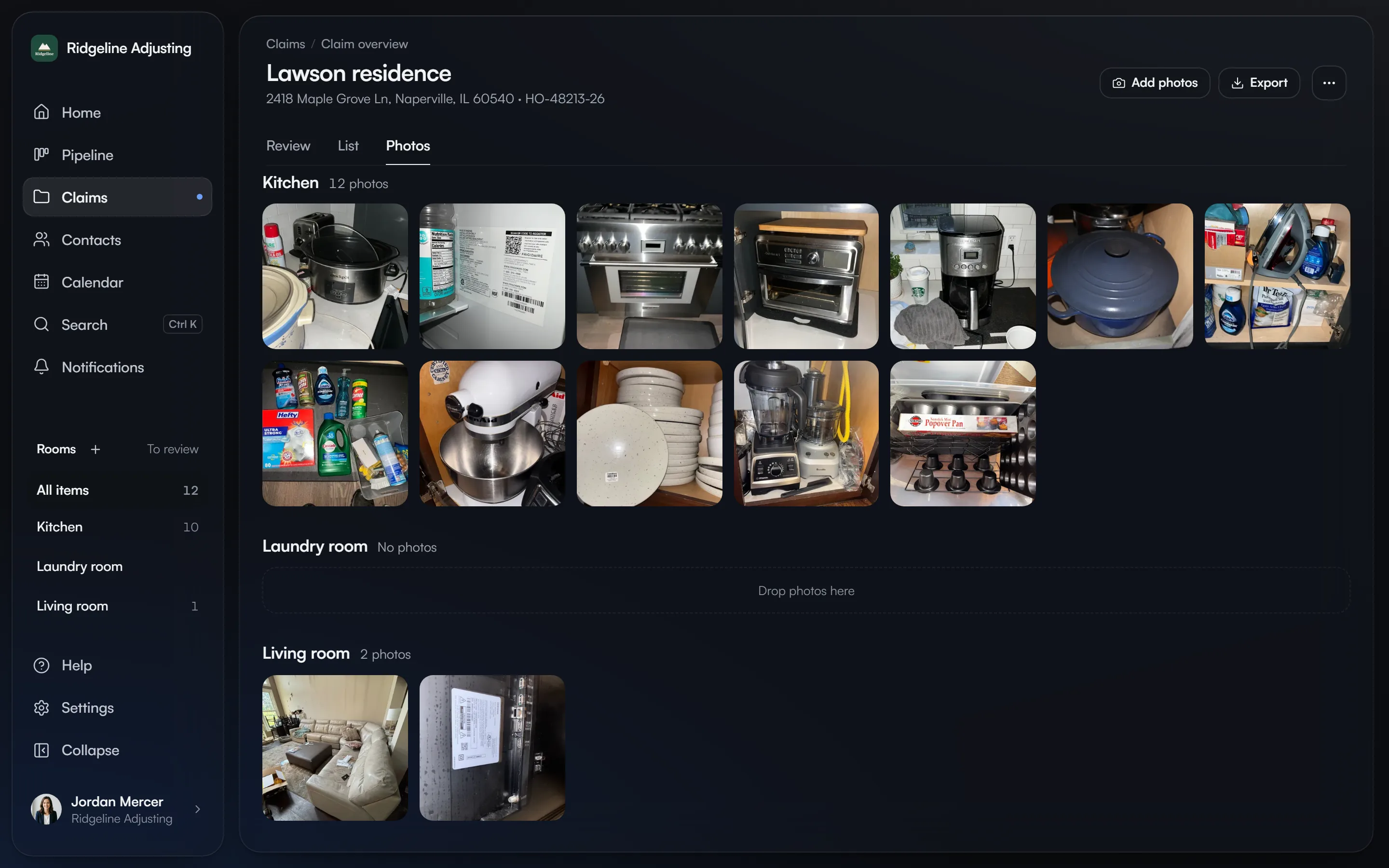 The Lawson residence photos, grouped by room: the kitchen appliances, cookware and cleaning shelf