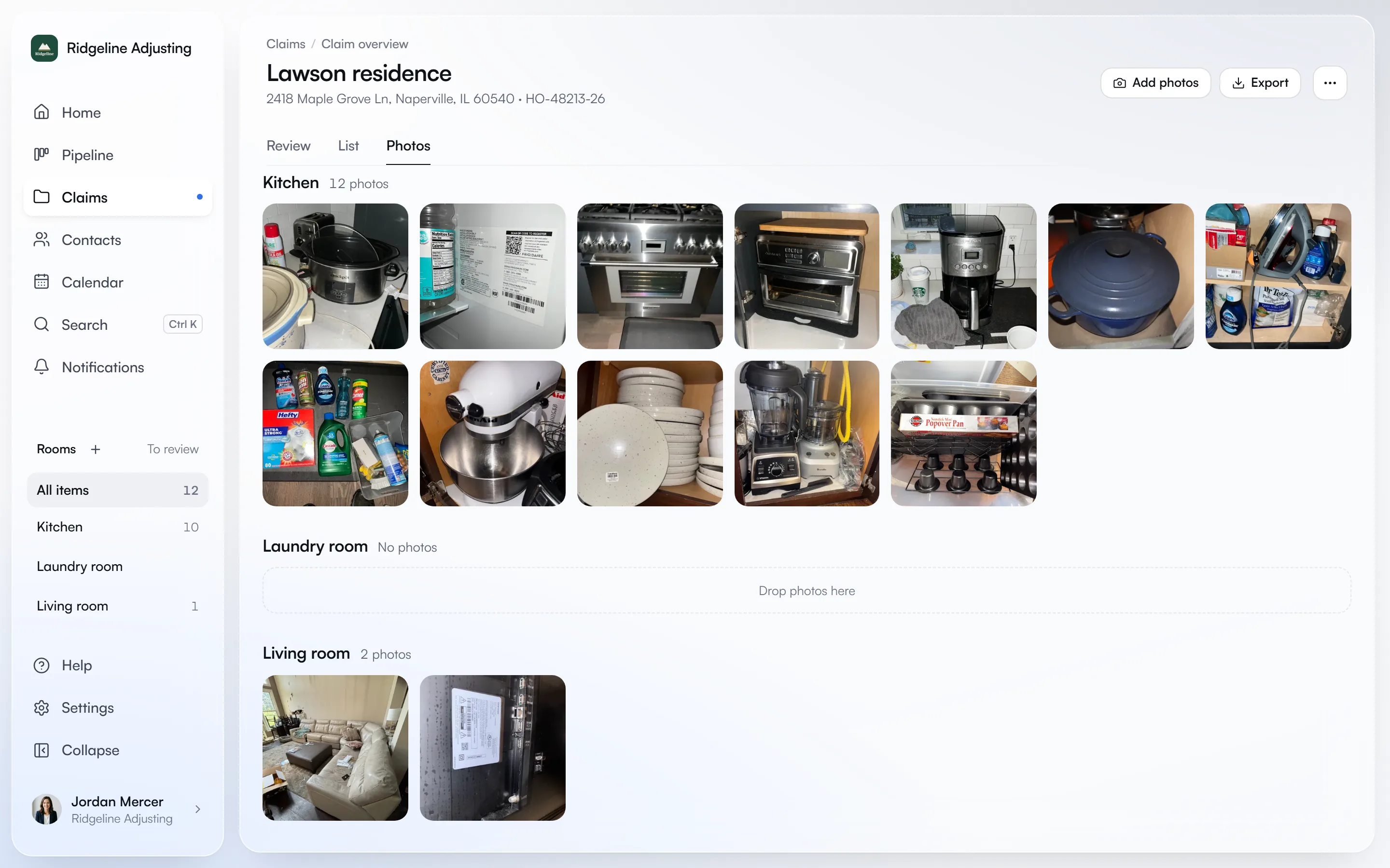 The Lawson residence photos, grouped by room: the kitchen appliances, cookware and cleaning shelf